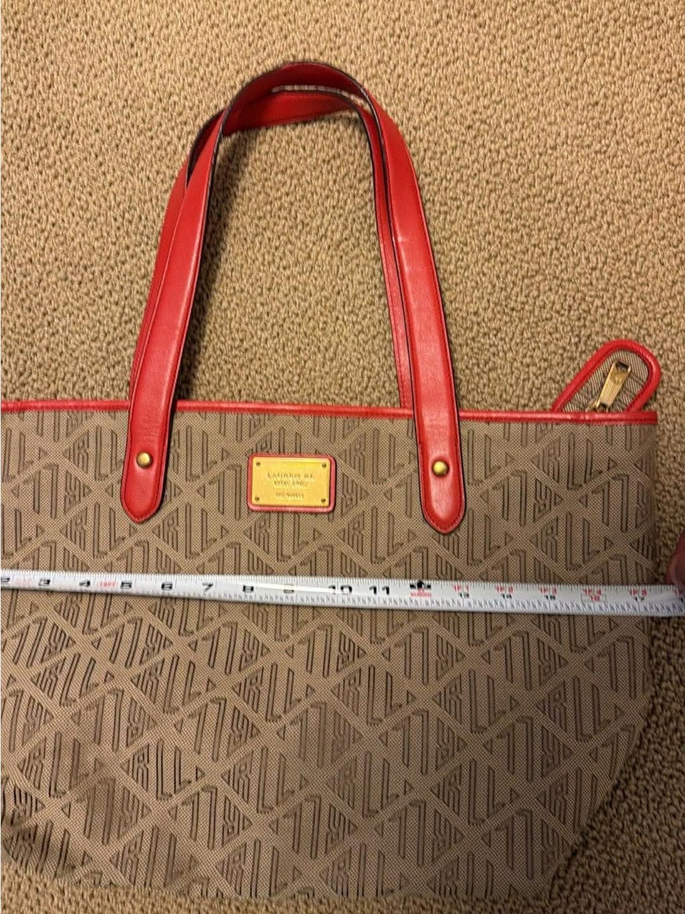 Lauren RL Tan Monogram Tote with Red Trim